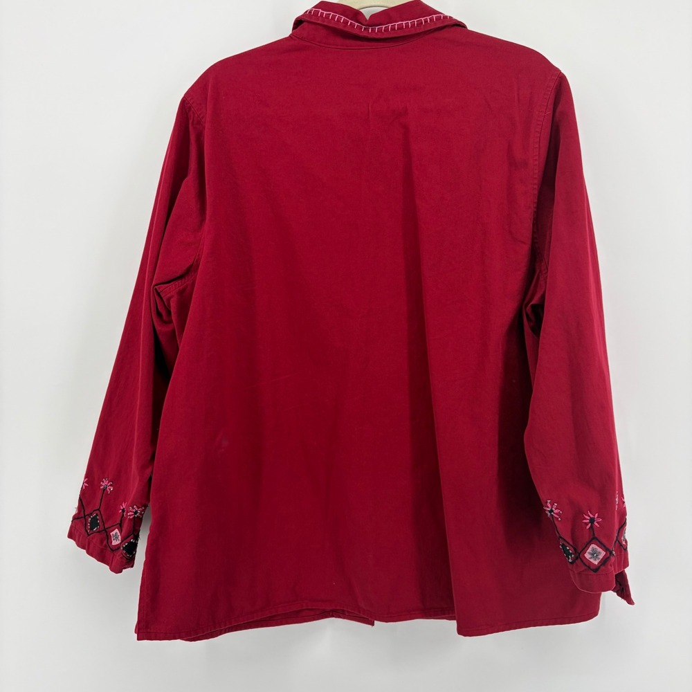 Liz & Me Womens 1X Red Button Up Shirt Embroidered Boho Cotton Long Sleeve Top - Picture 2 of 6